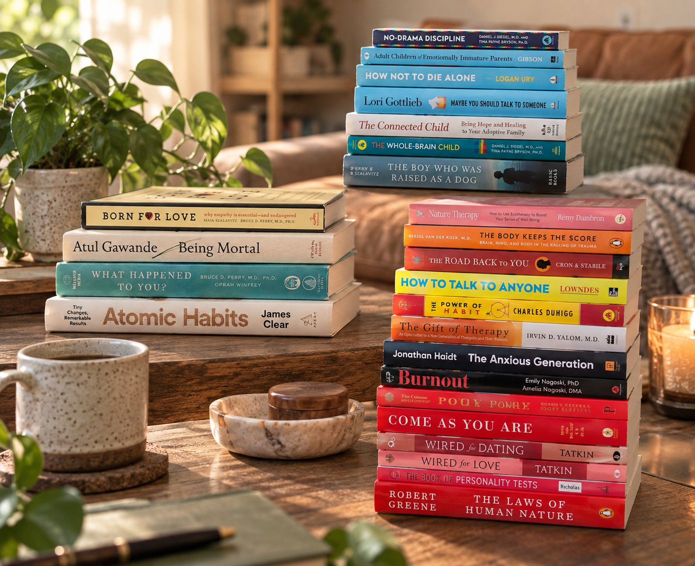 A collection of books on psychology, trauma, and relationships used to inform an evidence-based approach