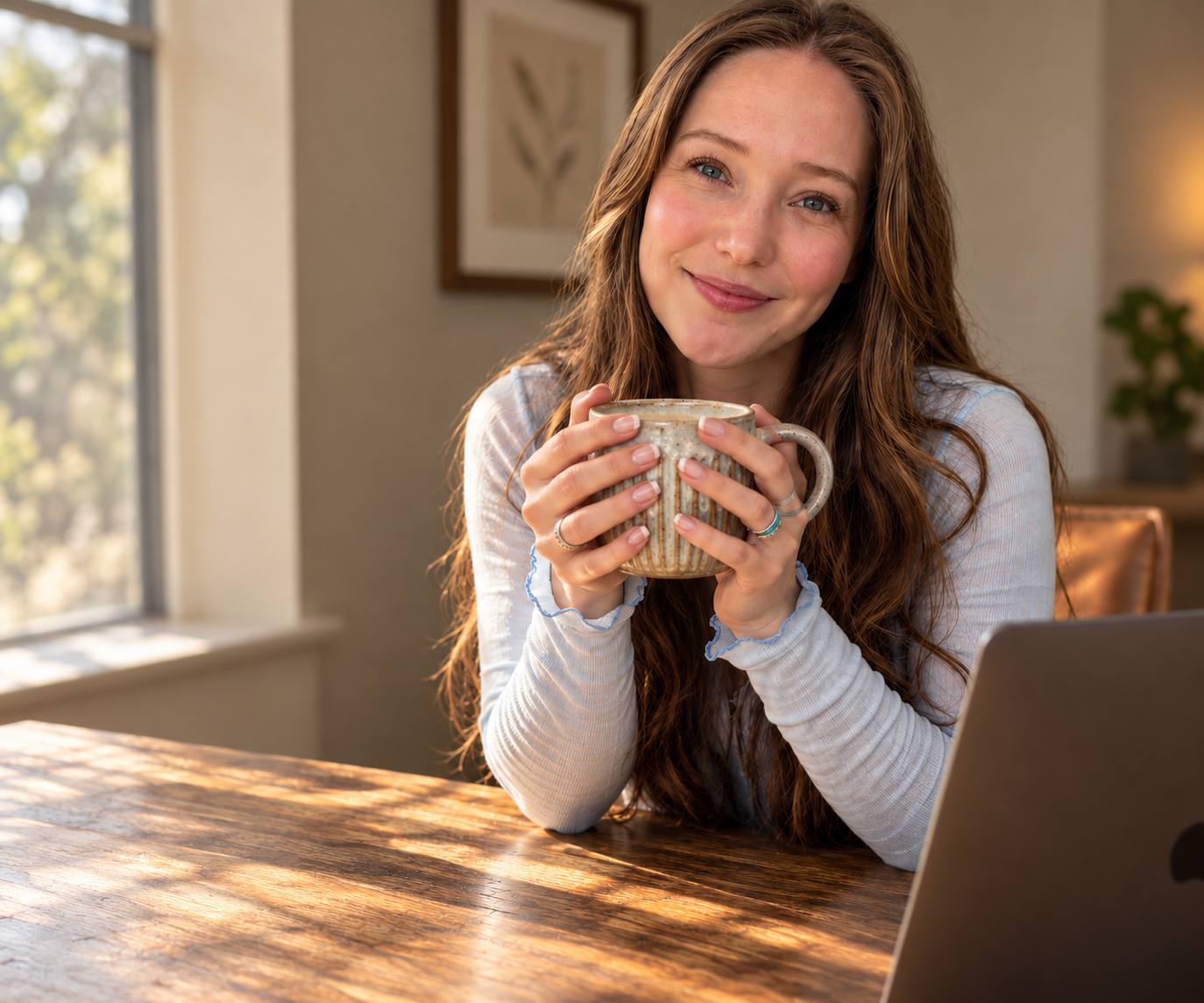 Heather Lowery, counselor at Waypoint Counseling of Dripping Springs, at her desk with a cup of coffee