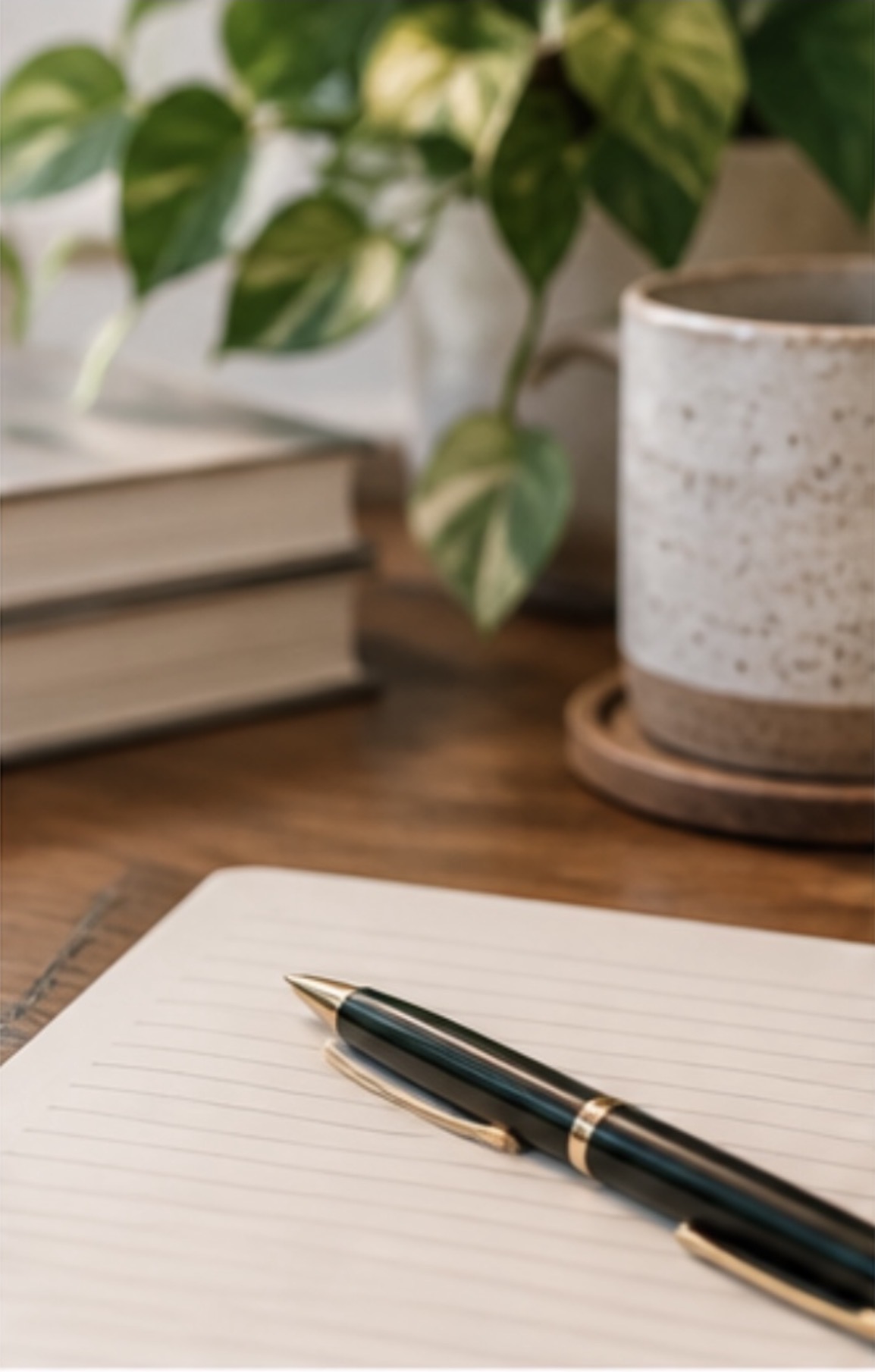 A notebook and pen ready for session notes, alongside a warm cup of coffee
