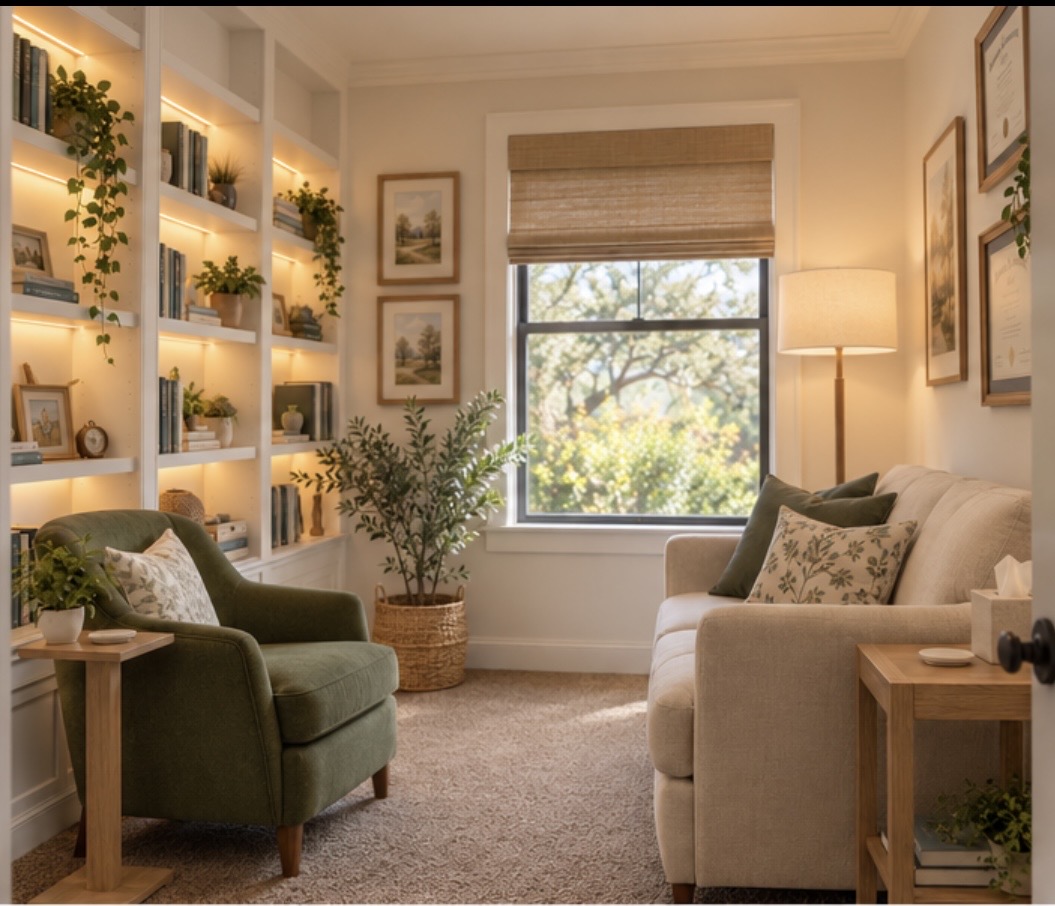 A warm, comfortable counseling office with soft seating and natural light
