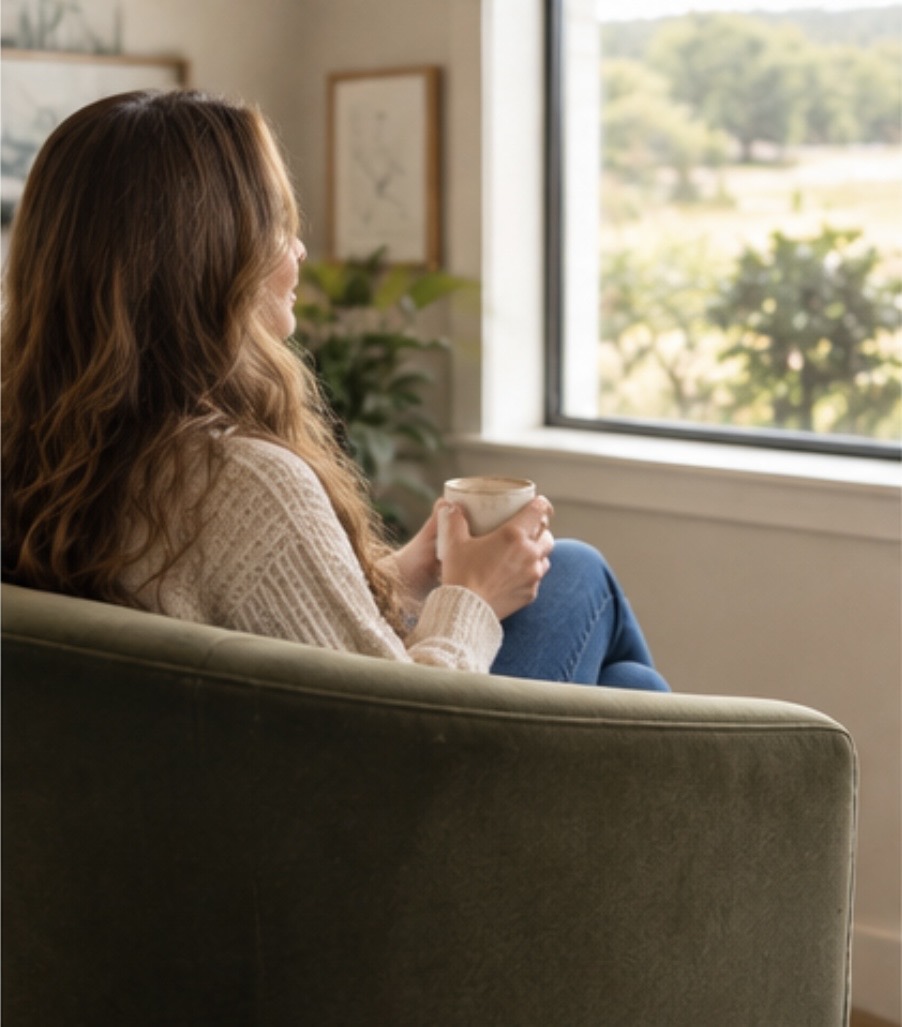 A client sitting quietly with a cup of coffee, looking out at the Hill Country landscape